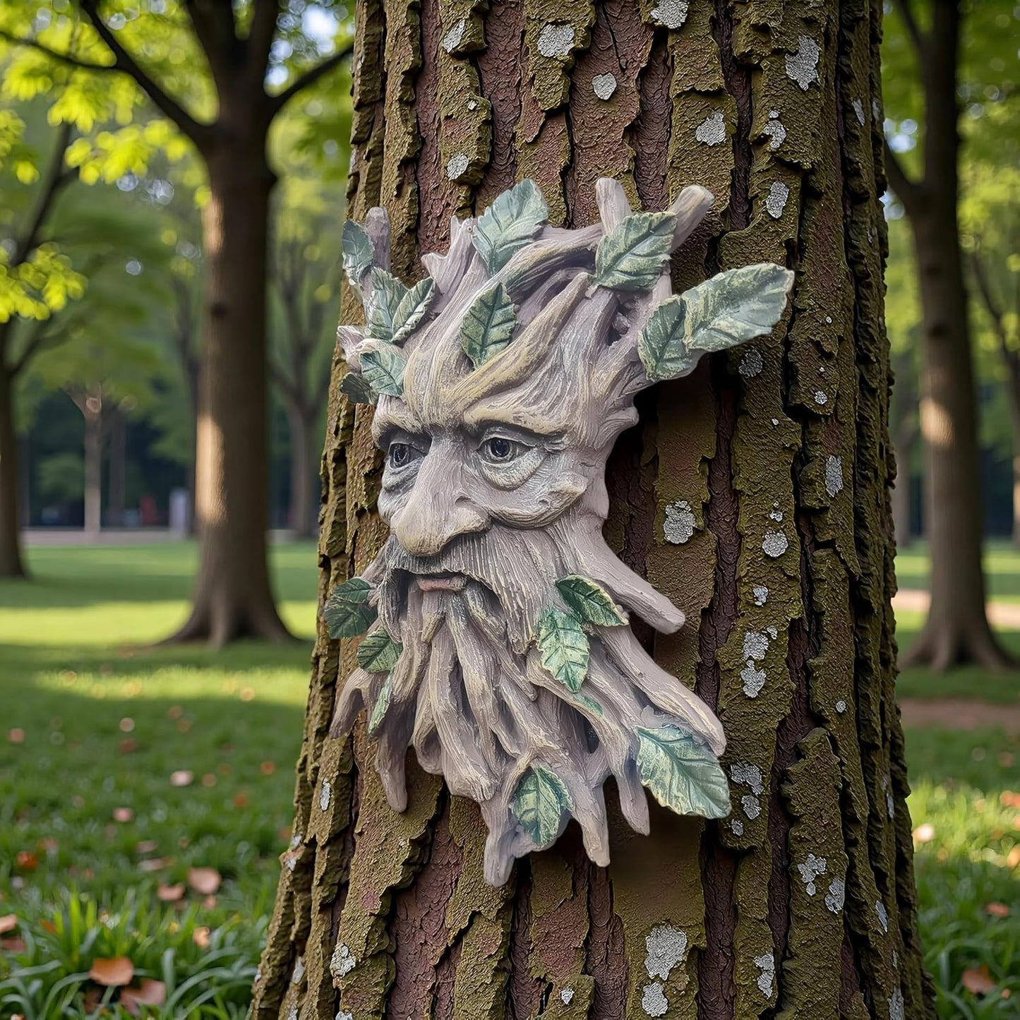 Whimsical Tree Face Garden Decoration ，Tree Faces Decor Outdoor Wallmounted Statue Art with Leaf Features, Outdoor Decor Garden Accessory (Nature and Outdoors)
