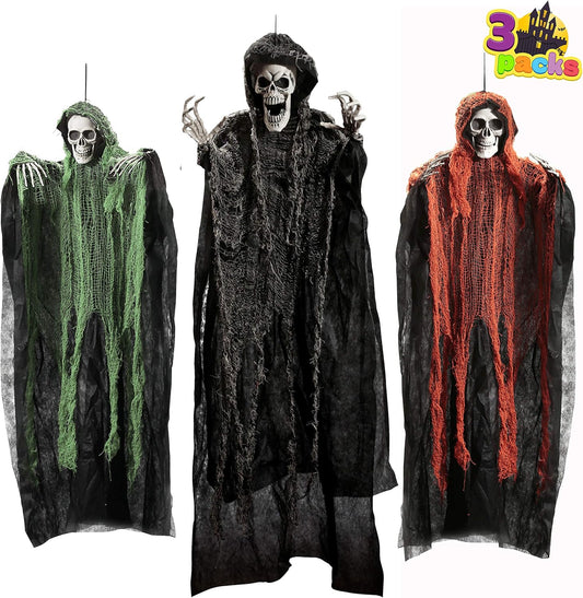 JOYIN Halloween Hanging Grim Reapers (3 Pack), One 47” and Two 35” Grim Reapers, Halloween Skeleton