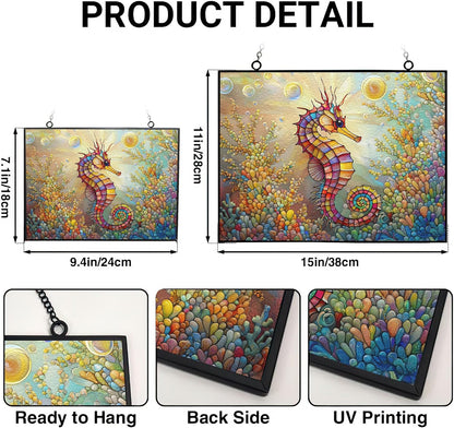 Personalized Rectangle Rainbow Seahorse Suncatcher Stained Glass Stained Glass Window Hanging Home Decor Garden Halloween Christmas Wedding Housewarming Gifts