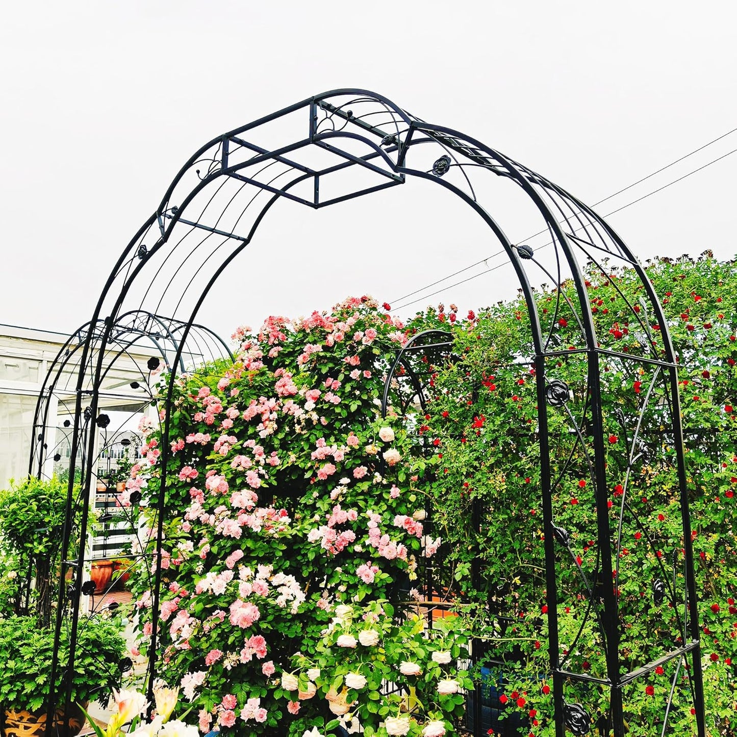 Metal Garden Arch W74.4'' x H98.4'' Garden Arbor Trellis Climbing Plants Support Rose Arch Outdoor Arch Black