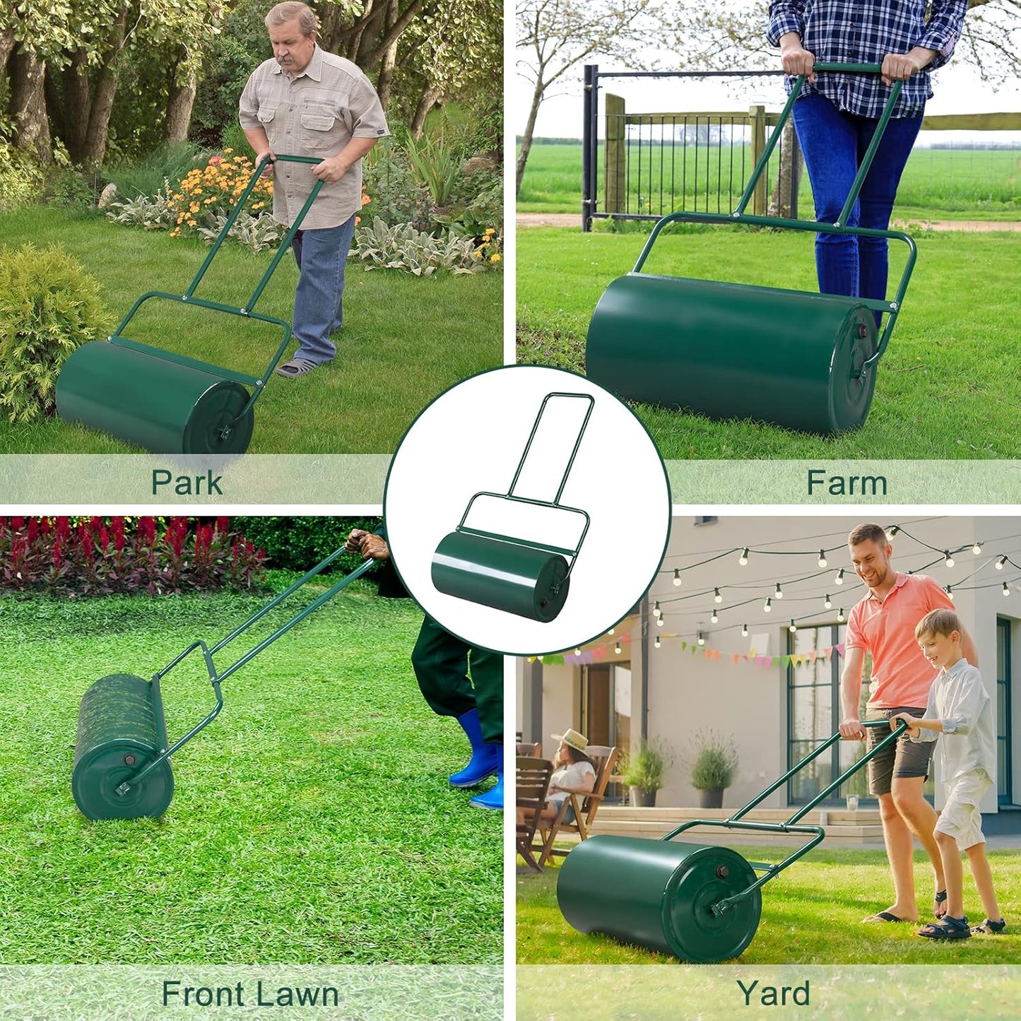 Outvita Lawn Roller, 13 Gallons Water and Sand Filled Garden Drum Roller with U Shaped Handle Tow beind Sod Roller for Planting, Seeding(Green)