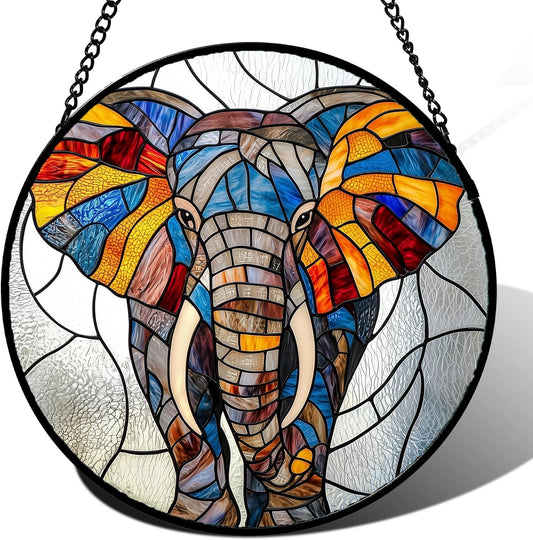 Stained Glass Window Hanging, Colorful Elephant Sun Catcher for Door Home Decor Animal Suncatcher
