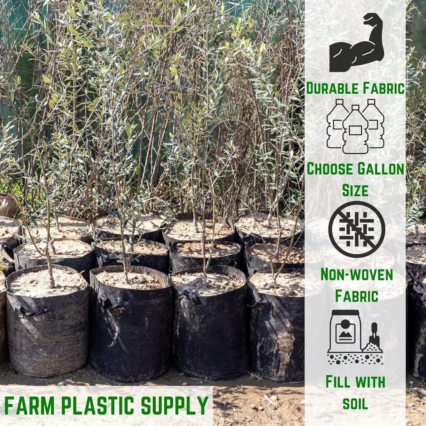 Farm Plastic Supply - 15 Gallon Fabric Grow Bags - (10 Pack) - Nonwoven Fabric Pots with Handles, Grow Bag, Plant Grow Bags, Garden Bag, for Farming, Gardening, Agriculture