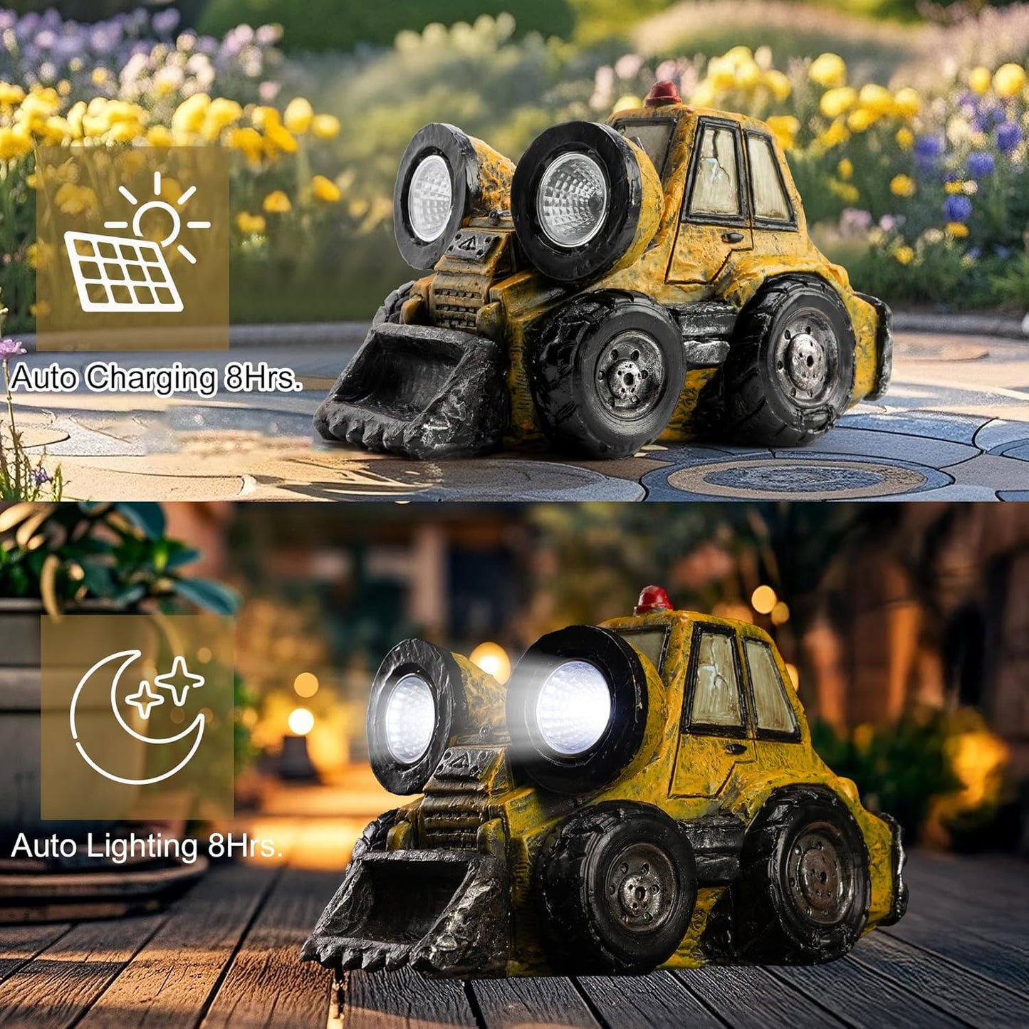Garden Statue Outdoor Solar Light Decor with LED Light Rustic Vintage Bulldozer Construction Vehicle Decoration for Lawn Patio Yard Gifts for Women