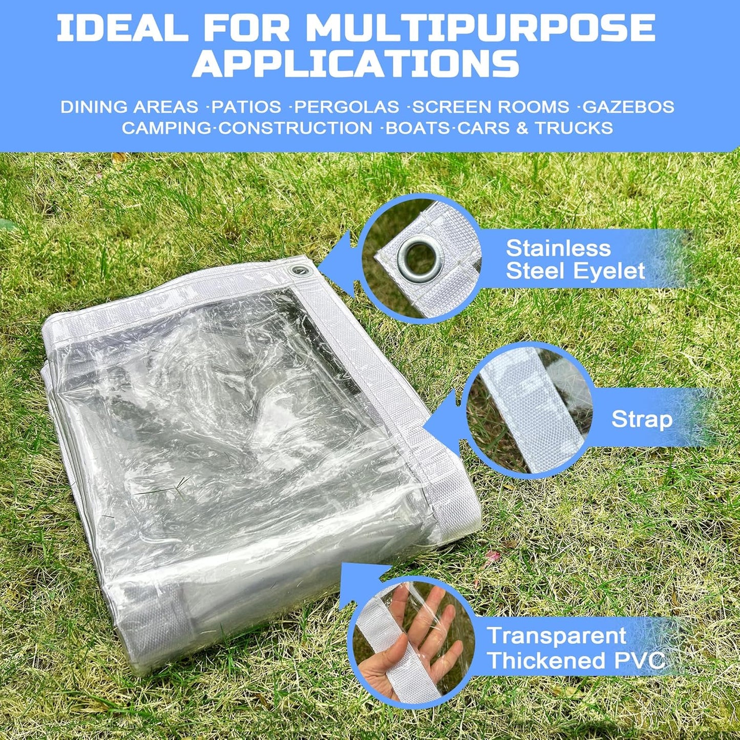 Clear Tarp 6 x 8FT, 20 Mil Clear Vinyl Tarp, Small Cover Plastic Sheeting with Grommets, Double-Stitched Reinforced Edges, Heavy Duty Tarps Waterproof and Tearproof