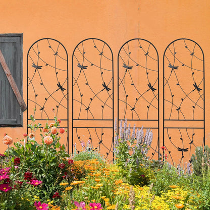 4 Pack Metal Garden Trellis 86.7" Tall Outdoor Climbing Plant Support for Roses, Flowers, Rustproof Durable Black Galvanized Tube, Lawn Garden Fence Decor Screen (4, Black dragonflies-86.7" H)