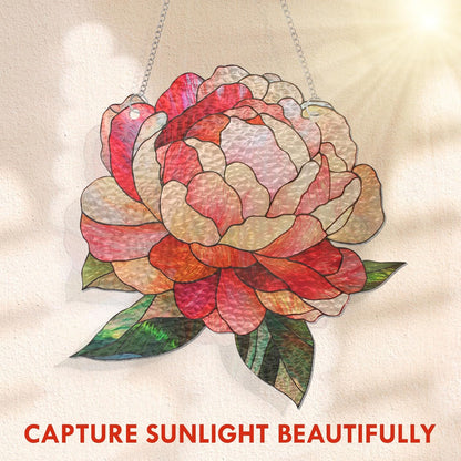 FLAGWIX Christmas Peony Flowers Gifts for Grandma - Stained Glass Window Hanging 10 in - Birthday Gifts for Women Mom, Grandma Gift, Peony Sun Catchers Indoor Window, Suncatchers Christmas Decorations