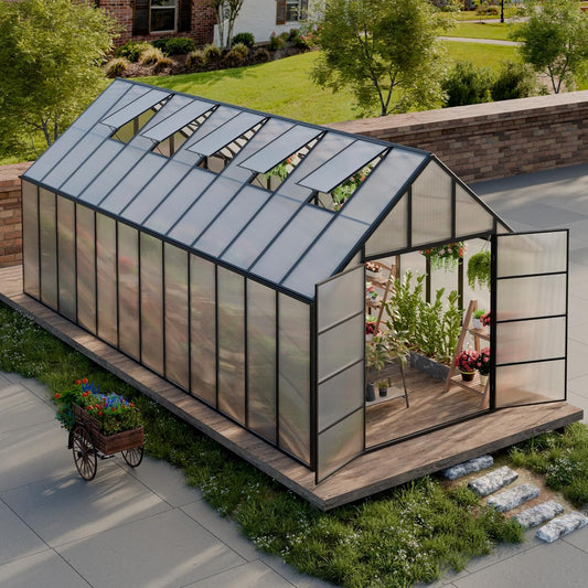 10'x10'x24' Snap-Together Greenhouse - Easy 3-Way Connectors, Heavy-Duty Aluminum Frame, Wind/Snow Resistant for Gardening/Urban Farming, Includes Sliding Door & Ventilation Windows