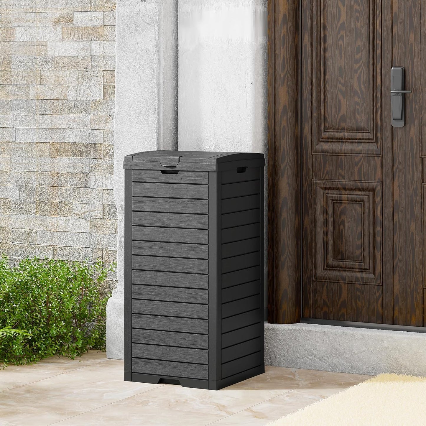 31 Gallon Outdoor Trash Can, Waterproof Resin Garbage Can with Lid and Drip Tray Easy Cleaning Kitchen Waste Bin Patio Waste Bin for Garden, Backyard, Deck and Office, Black