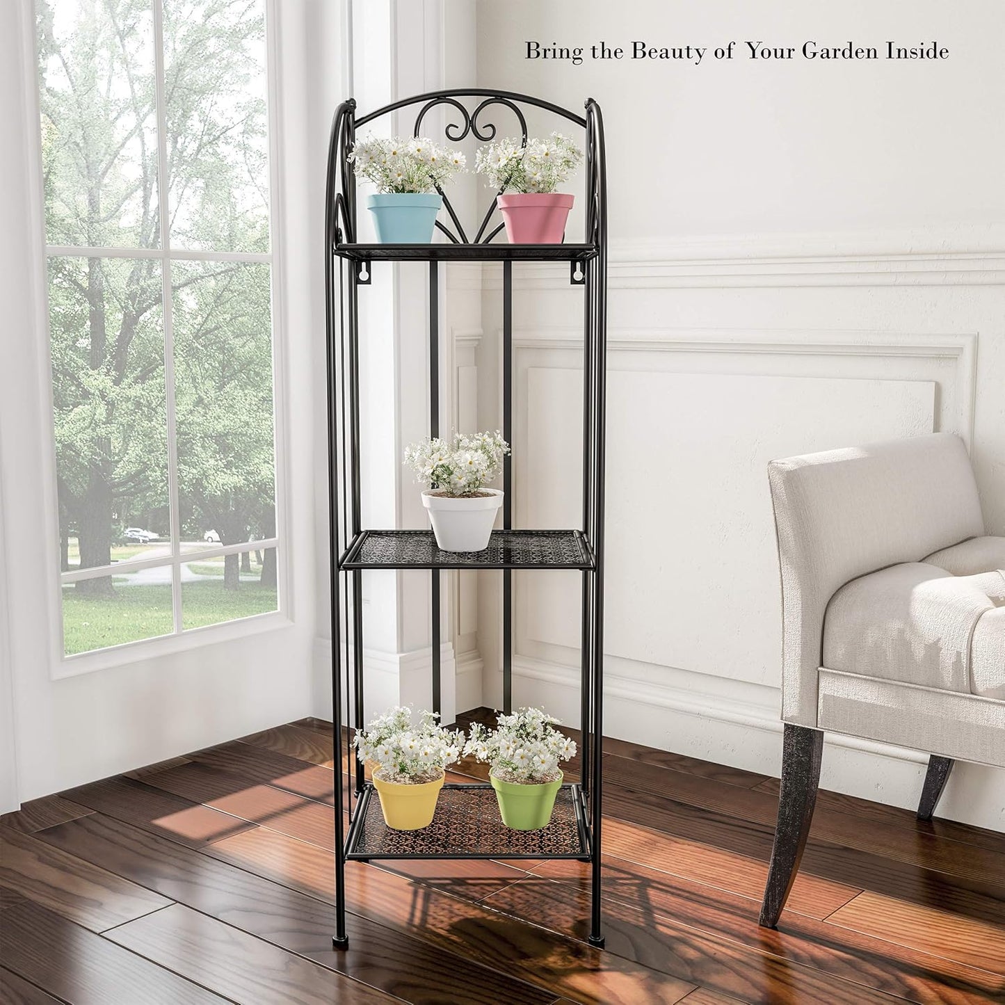 Pure Garden Plant Stand 2-Tiered Indoor or Outdoor Decorative Vintage Look Wrought Iron Garden Cart for Patio, Deck, Home or Lawn (Black)