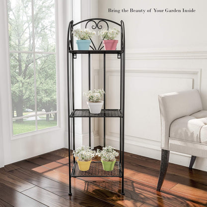 Pure Garden Plant Stand 2-Tiered Indoor or Outdoor Decorative Vintage Look Wrought Iron Garden Cart for Patio, Deck, Home or Lawn (Black)