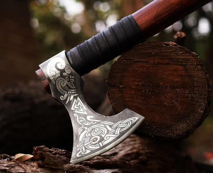Viking Axe | 18" Carbon Steel Throwing Hatchet with Ash Wood Handle & Leather Sheath | Etched Norse Design, Functional & Collectible Gift(WCA-017)