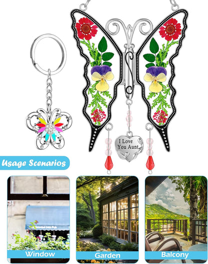 KY&BOSAM Gifts for Aunt Suncatcher Butterfly I Love You Aunt Gift Stained Glass Pressed Real Flower Between Wings for Windows Hanging Wind Chime Decor Birthday Gift for Women Mother`s Day Christmas