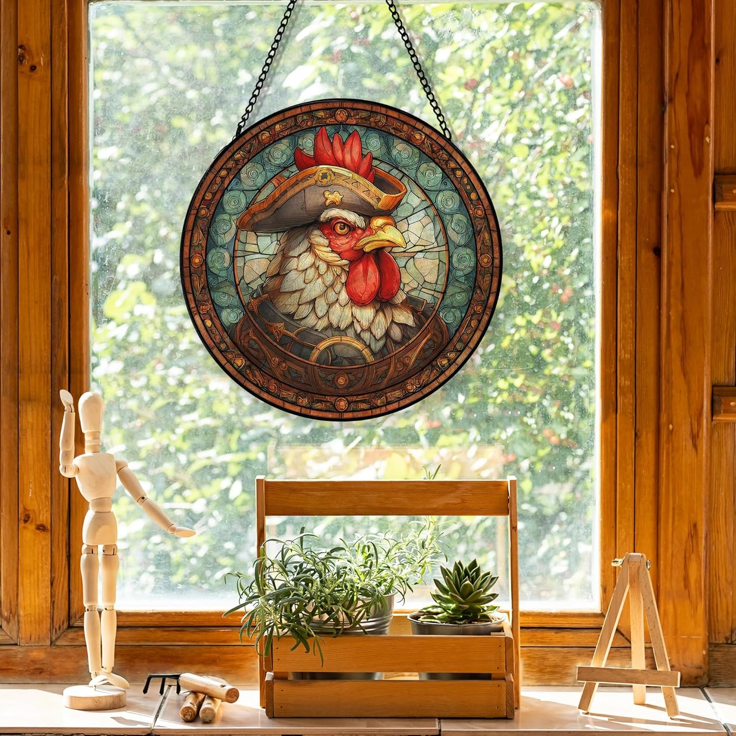 Chicken Suncatcher Stained Glass Garden Window Hanging, Vintage Rooster Sun Catchers Indoor Window Glass Round Wall Decor, Chicken Wall Art Hanging Decorations, ＂7.8x7.8＂