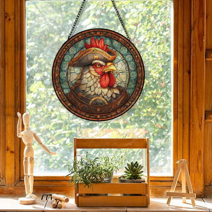 Chicken Suncatcher Stained Glass Garden Window Hanging, Vintage Rooster Sun Catchers Indoor Window Glass Round Wall Decor, Chicken Wall Art Hanging Decorations, ＂7.8x7.8＂