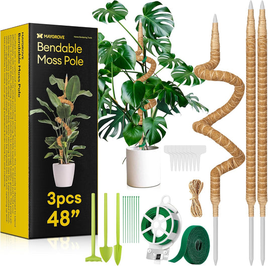 3-Pack 48” Bendable Moss Pole Monstera Plant Support for Climbing Indoors Plants, Coir Moss Poles