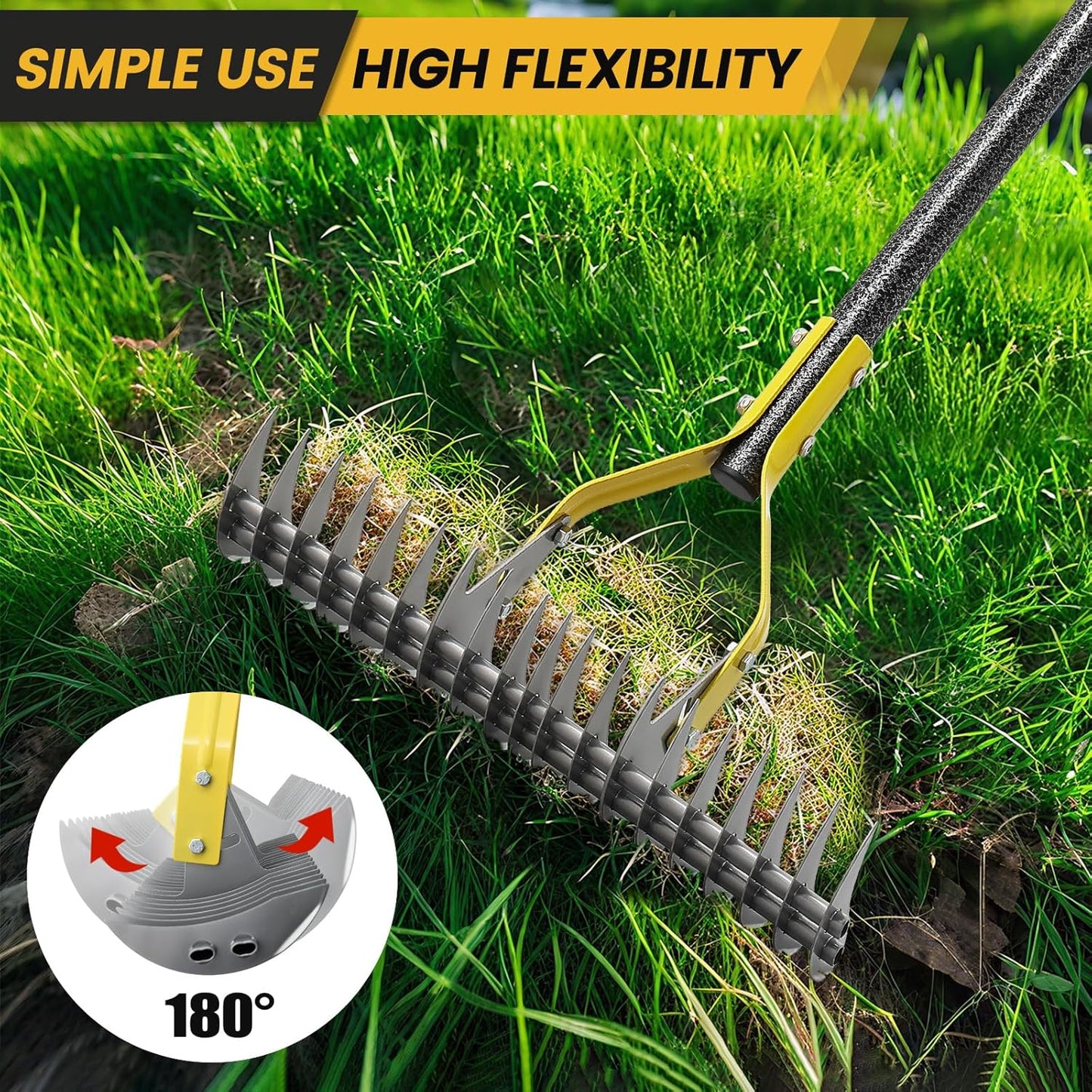 Thatch Rake 5.5FT Heavy Duty Metal Dethatcher Rake with Adjustable Long Handle 19-Tine 15” Wide Lawn Yard Garden Tool for Cleaning Dead Leaf Grass Loosing Soil