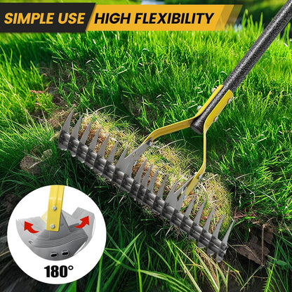 Thatch Rake 5.5FT Heavy Duty Metal Dethatcher Rake with Adjustable Long Handle 19-Tine 15” Wide Lawn Yard Garden Tool for Cleaning Dead Leaf Grass Loosing Soil