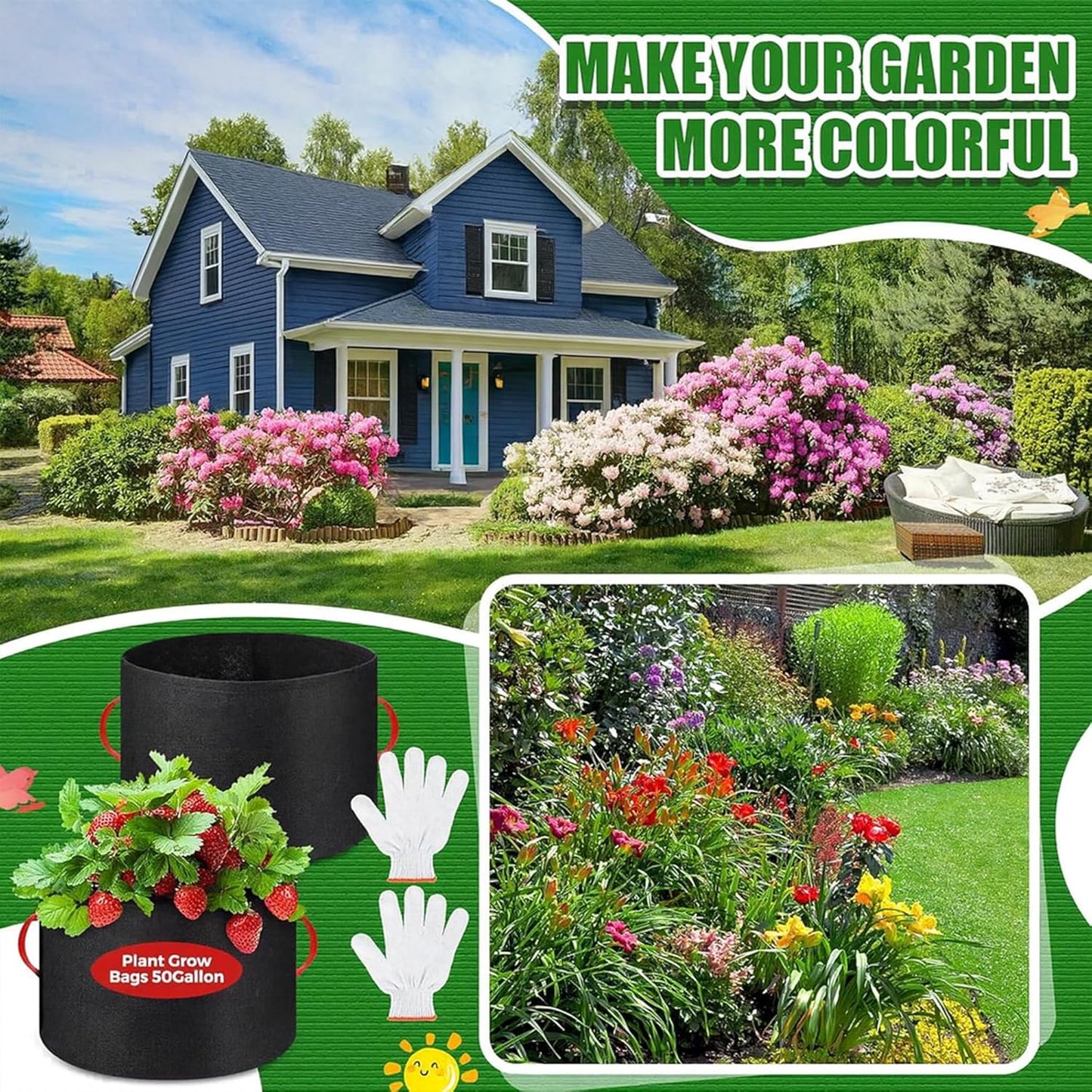 10 Pcs 50 Gallon Nonwoven Fabric Plant Grow Bags with Handles and 10 Pairs of Gardening Gloves for Vegetables Flowers Trees Container Planting Outdoor Garden Use