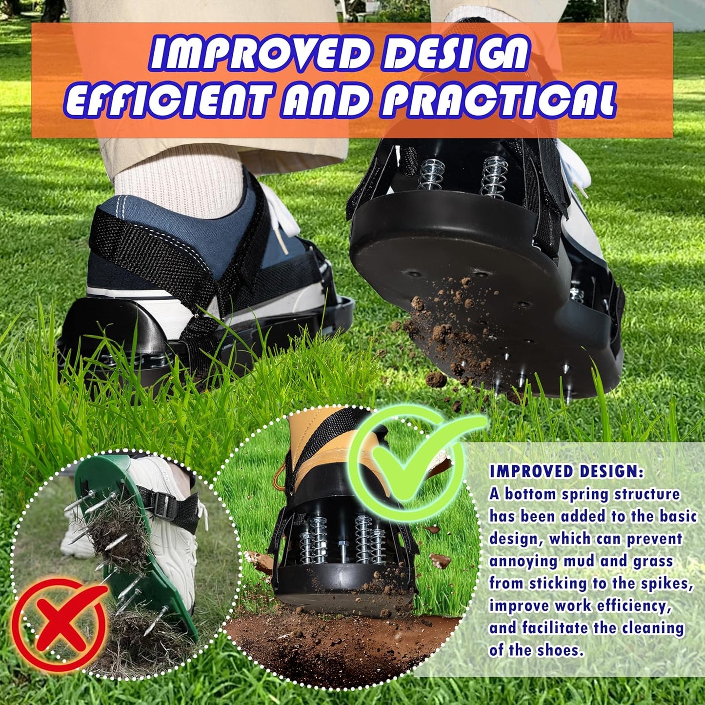 Lawn Aerator Shoes for Grass, Double Layer with Spiked Bottom and Spring Base, Soil Yard Aerator Tool for Aerating Patio Garden with Adjustable Strap, Black