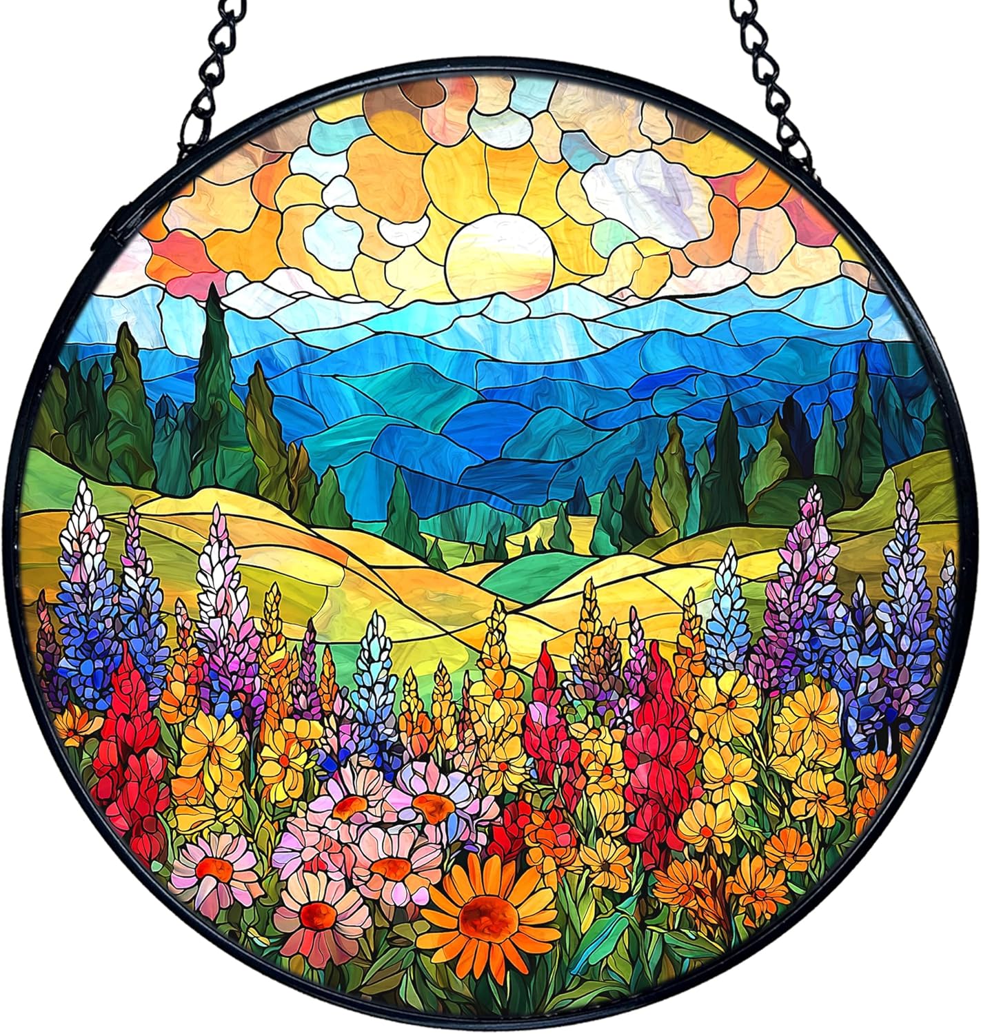 TNUW Flower Stained Glass Window Hanging, Cottagecore Sunset Colorful Wildflower Landscape Sun Catchers Indoor Window Glass Round Wall Art Decor, Floral Wall Hanging Decorations, 7.9＂x7.9＂