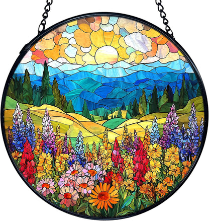 TNUW Flower Stained Glass Window Hanging, Cottagecore Sunset Colorful Wildflower Landscape Sun Catchers Indoor Window Glass Round Wall Art Decor, Floral Wall Hanging Decorations, 7.9＂x7.9＂