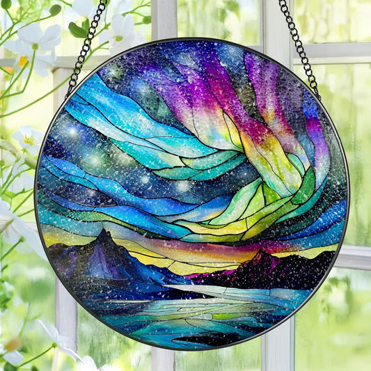 Stained Glass Window Hanging - 8 Inch Aurora Borealis Suncatcher for Window Doors Home Decoration