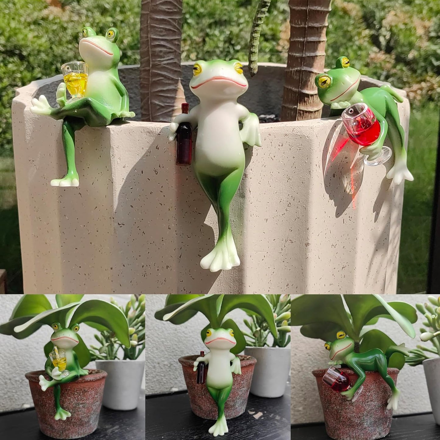 3 Pack Tipsy Frog Figurines Pot Huggers Statues Garden Decor for Outside,Plant Decorations for Pots,Miniature Frog Ornaments for Patio,Balcony,Backyard,Lawn,Unique House Warming Gifts for Women