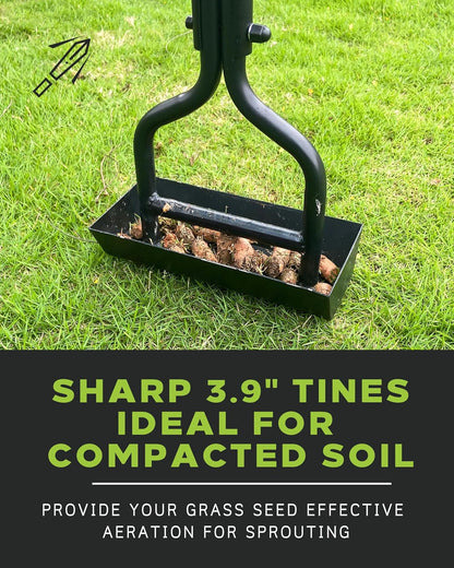 Lawn Aerator Coring Tool with Soil Core Tray, Manual Garden Plug Aerator for Grass Aeration, Yard Aerator & A Cleaning Tool for Compacted Soil, Lawn Care, 38”,Patented, Black Handle