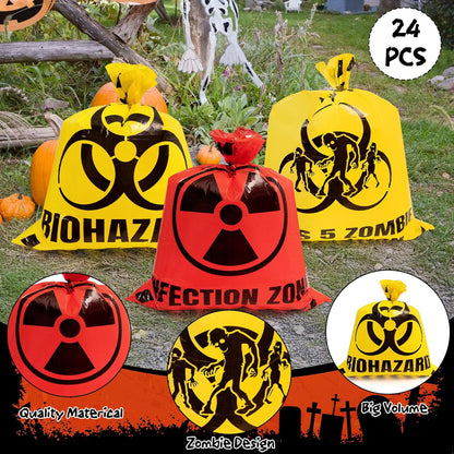 CNhoqc Halloween Lawn Trash Bags - 12Pcs Zombie Warning Reusable Waste Bags with Twist Ties, Fallen Leaf Grass Clipping Trash Container, Heavy-Duty Plastic for Biohazard Parties Outdoor Decorations