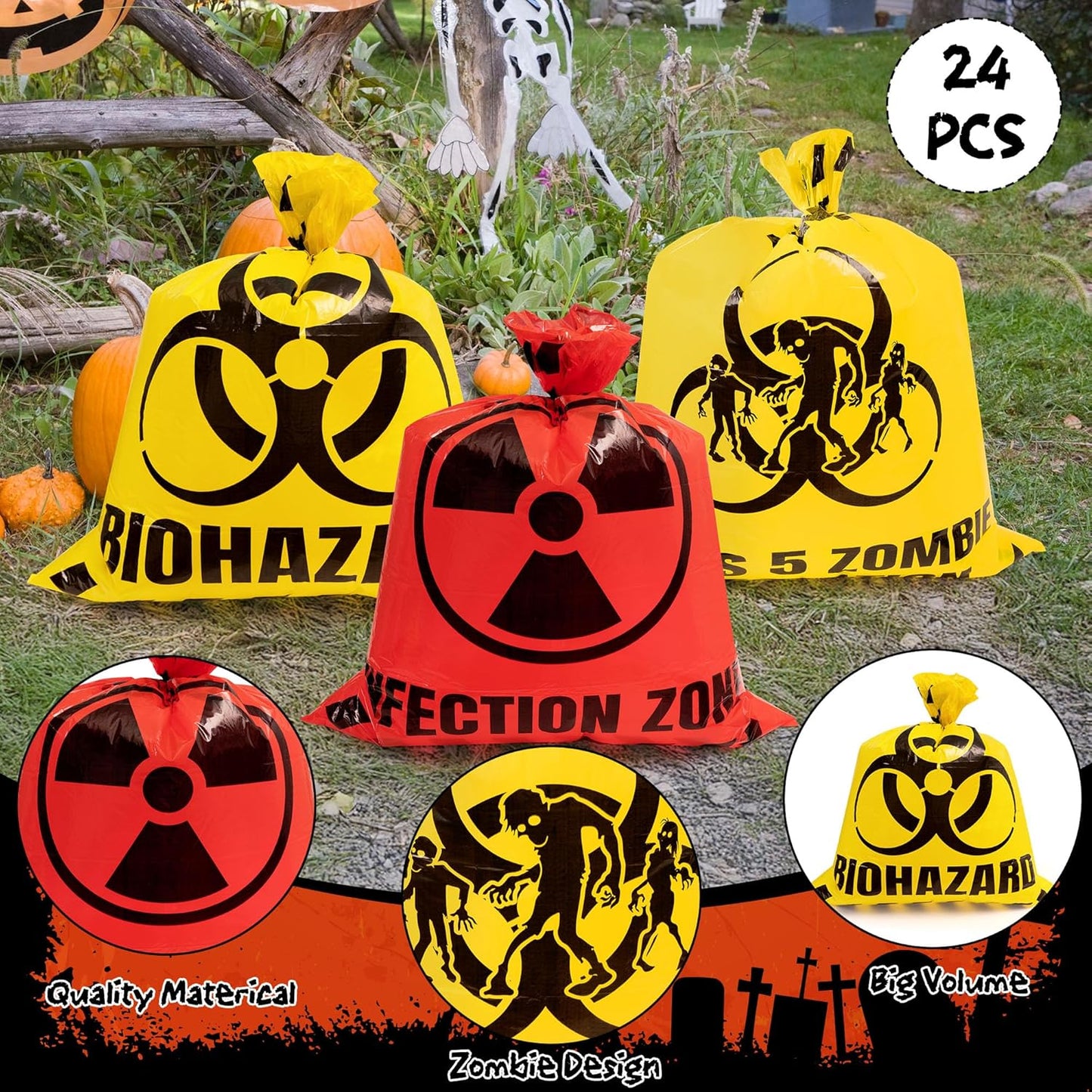 CNhoqc Halloween Lawn Trash Bags - 18Pcs Zombie Warning Reusable Waste Bags with Twist Ties, Fallen Leaf Grass Clipping Trash Container, Heavy-Duty Plastic for Biohazard Parties Outdoor Decorations