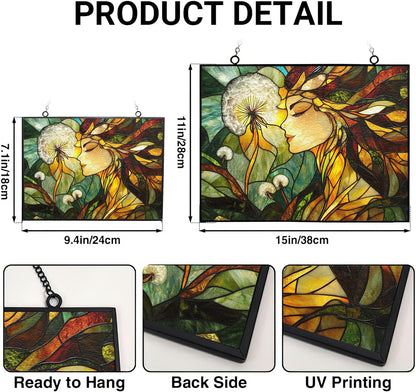 Rectangle Art Nouveau Dandelion Forest Fairy Stained Glass Window Hanging Window Suncatcher Glass Panel with Metal Chain Sun Catchers Wall Art Home Decor Gift for Women Mother's Day