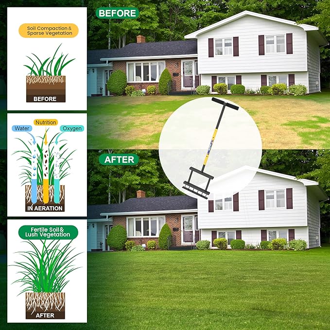 Adjustable Height Lawn Aerator Spike Tool with Spring, 4 Spikes Manual Yard Grass Aerator Gardening Tool for Lawn Care Courtyards, 38''