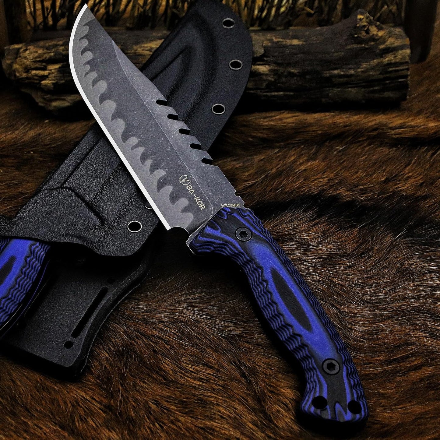 BA-KOR 12.4in Full Tang Fixed Blade Hunting Knife – 6mm 9CR18MoV Steel, G10 Handle, Stonewashed Sawback Blade with Kydex Sheath & Fire Starter for Outdoor, Camping, Survival (Blue and black stripes)