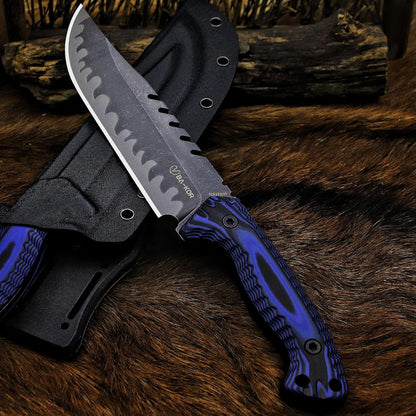 BA-KOR 12.4in Full Tang Fixed Blade Hunting Knife – 6mm 9CR18MoV Steel, G10 Handle, Stonewashed Sawback Blade with Kydex Sheath & Fire Starter for Outdoor, Camping, Survival (Blue and black stripes)