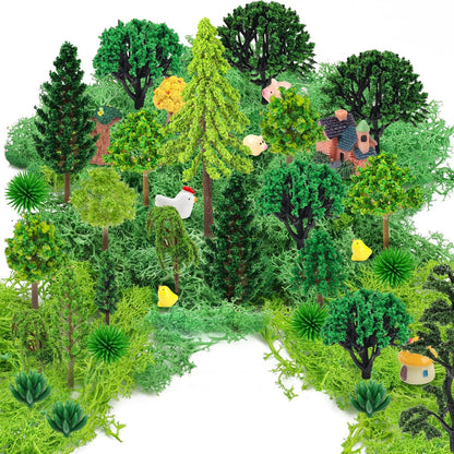 36 Pcs Green Mixed Model Trees with 40g Moss, Diorama Trees Grass Mini Fake Miniature Trees Moss for Building Model, Model Train Scenery, Natural Green Landscape, Railroad Scenery