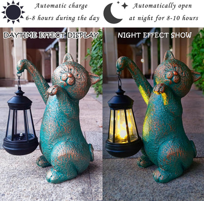 Cat Garden Statue Outdoor Décor with Solar Lights Lantern,Cat Solar Light Figurines Outside Decorations for Yard，Lawn Patio, Balcony, Unique Housewarming Gifts