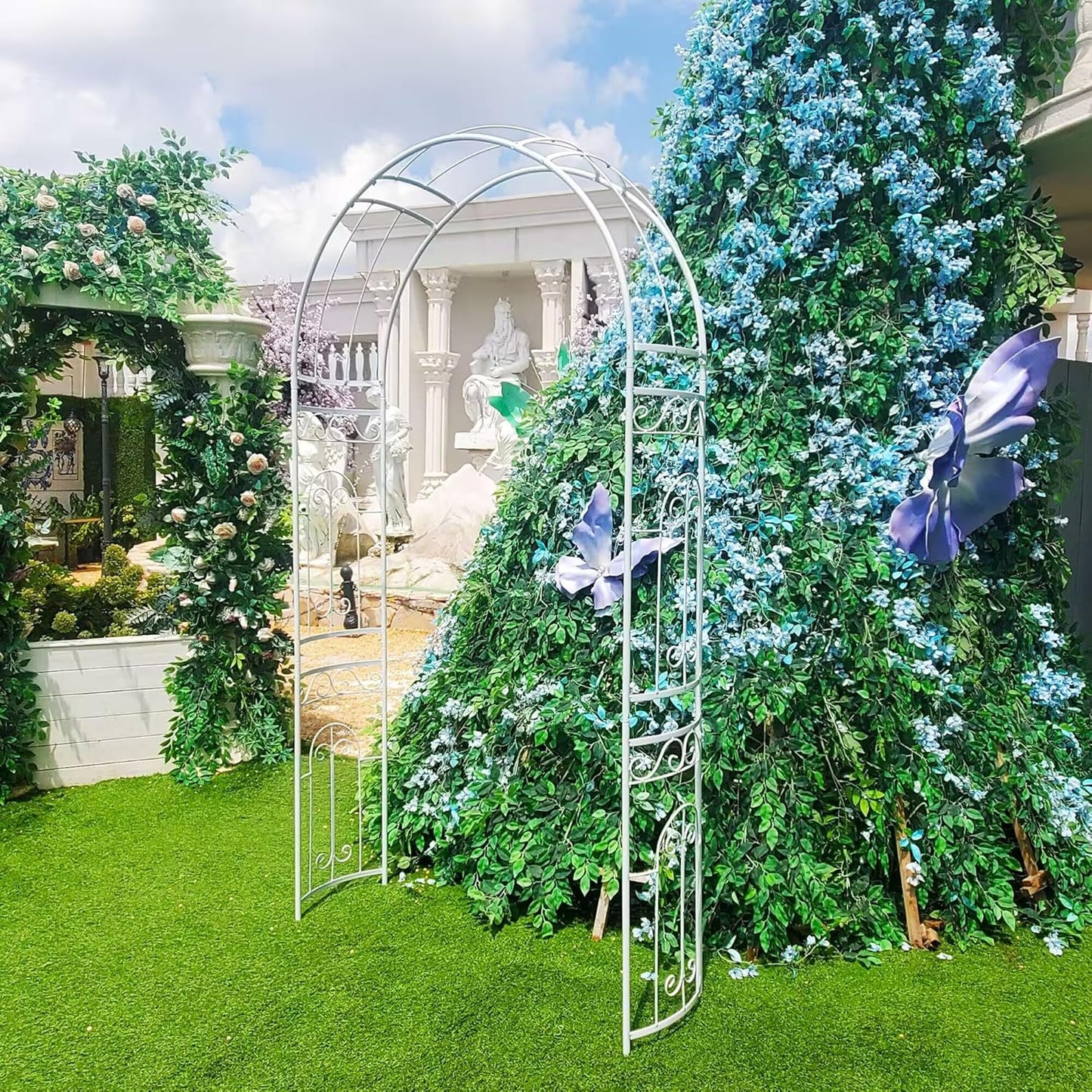 White Wedding Arch Garden Arbor Curved Metal Archway with Elegant Curve for Climbing Plants Roses Vines Garden Lawn Backyard Patio Wedding Outdoor Ceremony