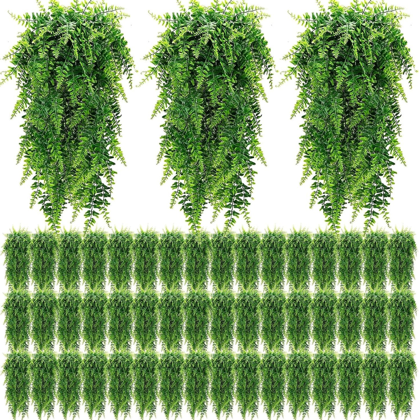 Geosar 96 Pcs Artificial Hanging Plants 32 Inch Hanging Boston Ferns Plastic Fake Plants for Wall Room Garden Wedding Garland Indoor Outdoor Decoration, No Basket