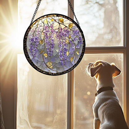 Stained Glass Window Hanging - Wisteria Flower Golden Leaves Sun Catcher for Door Home Decor Plant Suncatcher Christmas Mother's Day Birthday Gifts for Women Men Lovers Mom Nana 15 in