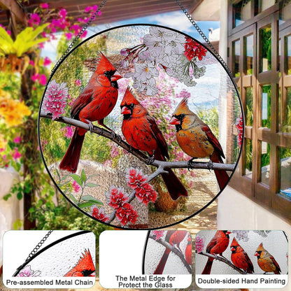 Large Cardinal Stained Glass Suncatcher,Stained Glass Decor with Metal Chain,Butterfly Suncatcher for Window Hanging (Cardinal_03)