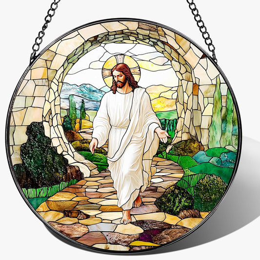8 Inch He is Risen Resurrection of Jesus Stained Glass Suncatcher, Stained Glass Window Hanging