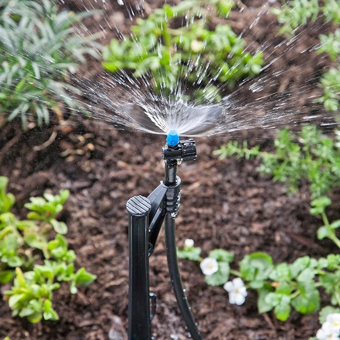 Raindrip 172CPUB, Adjustable Flow Micro Sprinkler Assembly, Half-Circle Pattern, Fan Spray, 1/4" Clamp N Pierce Inlet, Riser and 13" Stake, for Drip Irrigation Gardening Systems, Black/Blue(Pack of 1)