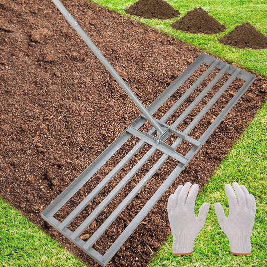 Lawn Leveling Rake – Heavy-Duty Galvanized Steel Yard Leveling Rake with Adjustable 48x12 Inch Rack Head & Extendable 52-78 Inch Handle, Rust-Resistant, All-Welded, Gloves Included