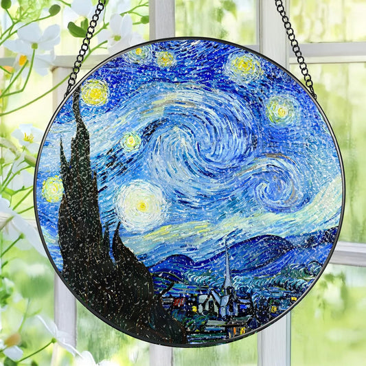 Stained Glass Window Hanging, Pauyadu Van Gogh Starry Night Sun Catchers, Stained Glass Suncatcher