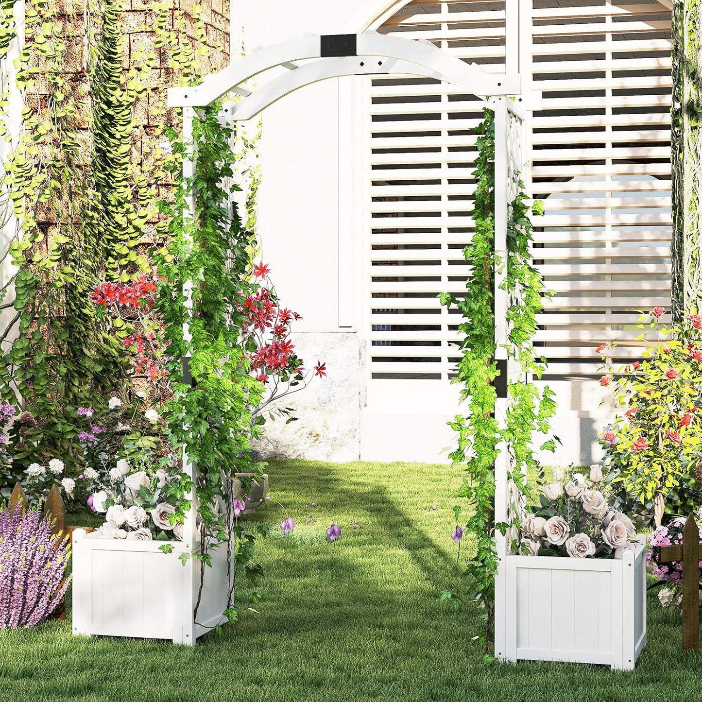 Happygrill Garden Arbor with Planter Boxes, Outdoor Wedding Arch with Trellis for Climbing Plants Vine Vegetables Herbs, Wooden Arbor Archway for Ceremony, Party (White)