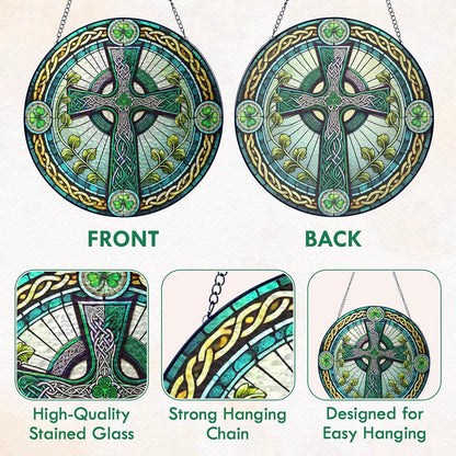 FLAGWIX Christmas Irish Gifts for Women Men - Stained Glass Hanging Suncatcher 10 in - Birthday Christmas Irish Decorations for Family Friends, Celtic Cross Home Decor, St Patricks Day Decorations
