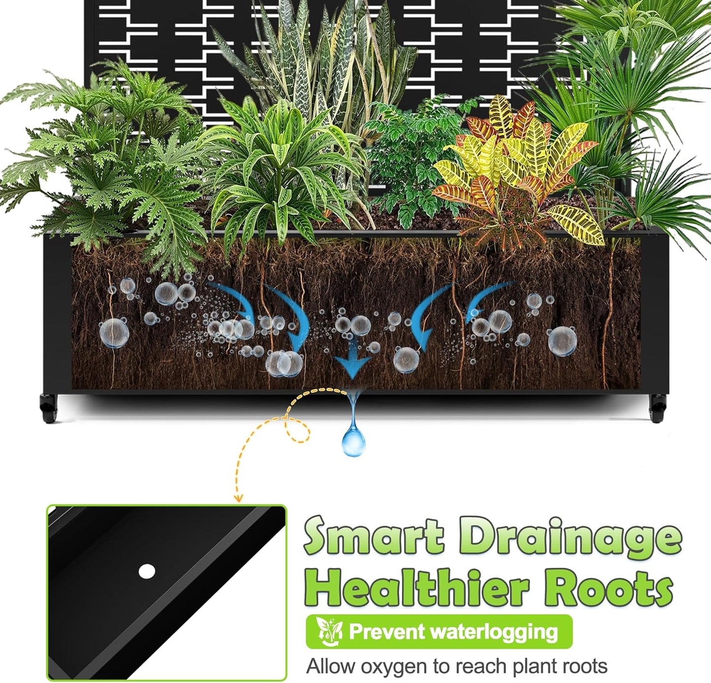 15.7"×70.9"×47.2" Metal Raised Garden Bed with Trellis and Wheels - Tall Trellis Planter Box for Climbing Plants, Vegetables & Vines - Outdoor Privacy Planters for Patio (Black-Brick)
