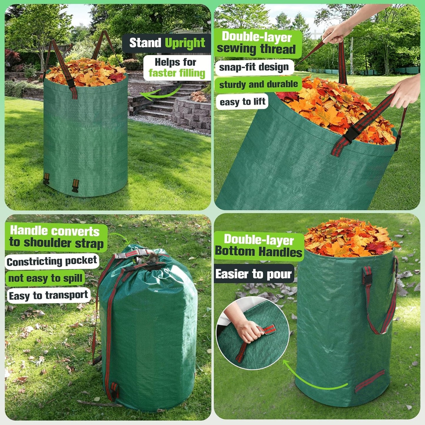 Leaf Collector Bag with Lid, Shoulder Strap, and Drawstring – Reusable Yard Garden Bag for Leaves and Lawn Trash, Perfect for Leaf Removal, Yard Clean-Up (With lid, 32 Gallon)