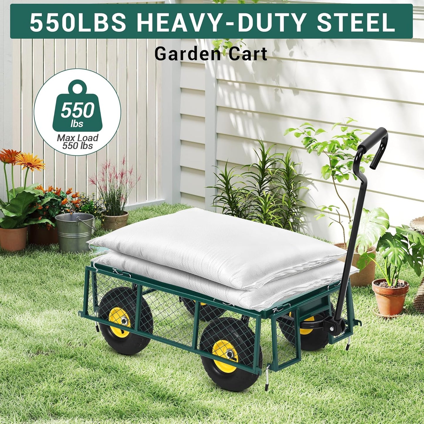 Heavy-Duty Steel Garden Cart, 550 Lb Yard Dump Metal Cart with 4-Side Removable Mesh and All Terrain 10" Tires, Flatbed Convertible Yard Wagon, Green